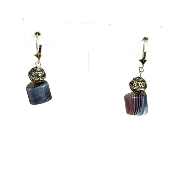 Vintage Sterling Silver Earrings Gray Banded Agate Beads Dangle Hook Artisan - Picture 4 of 7